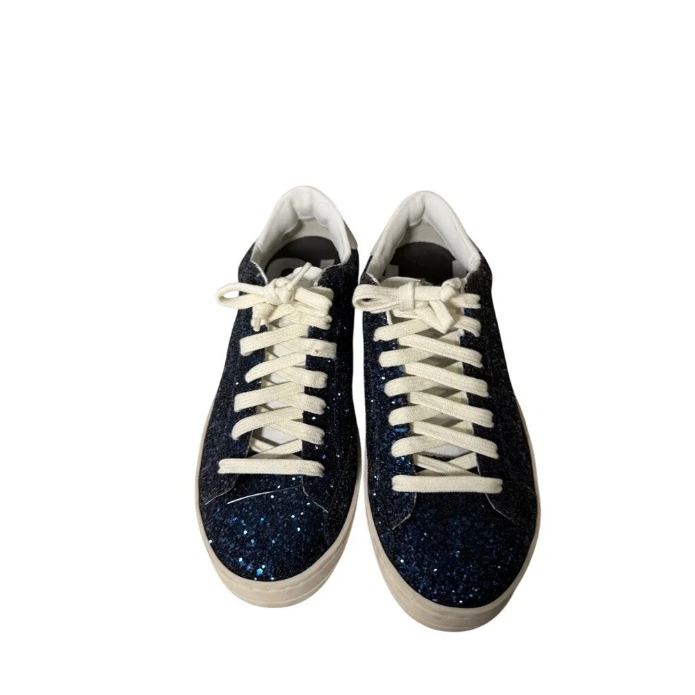 P448 John Navy Blue Glitter Low‎ Top Sneakers Womens Size 37 Made In Italy